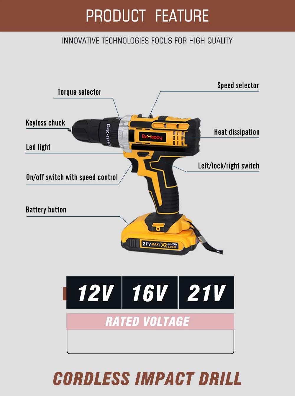 Behappy Cheap 12V Chargeable Cordless Drill Power Tool for Drilling Machine Set